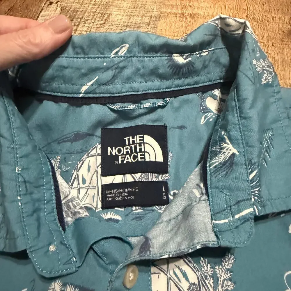 The North Face Mens Blue White 100% Cotton Camp Print Baytrail Shirt Sz L Casual